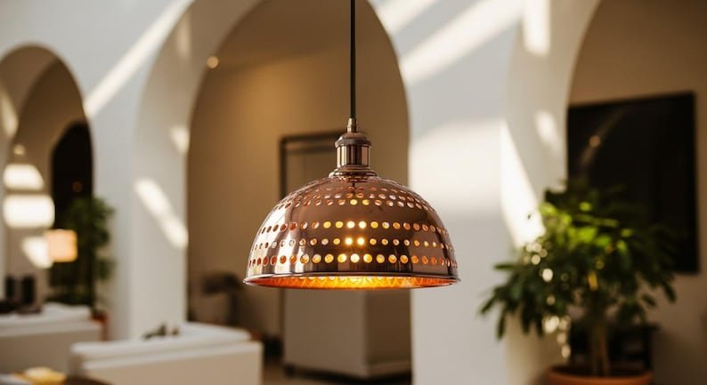 Handmade Moroccan Copper Pendant Light, Perforated Dome Ceiling Lamp