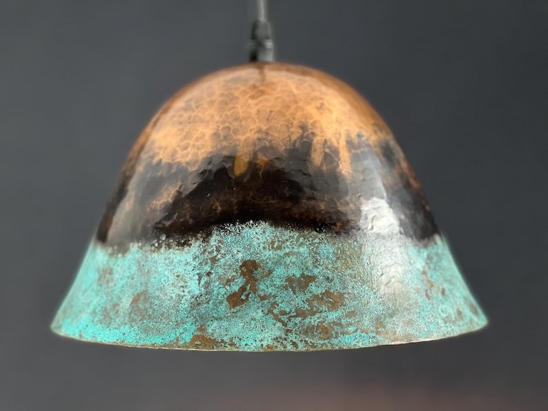 Handmade Copper Pendant Light: Rustic Green Patina Dome Lamp