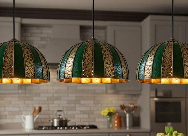 Striped Green  Brass Dome Pendant Light  Rustic Industrial Ceiling Lamp