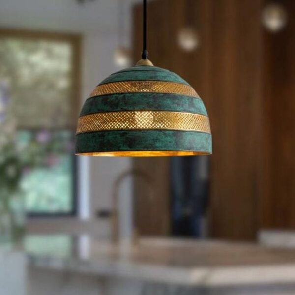 Green Patina Striped Dome Pendant Rustic Kitchen Ceiling Lamp