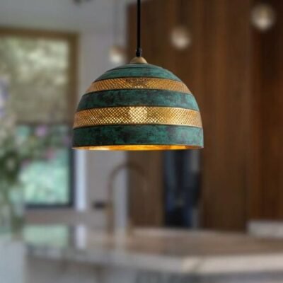 Handmade Green Patina Brass Dome Pendant Light, Rustic Kitchen Lighting