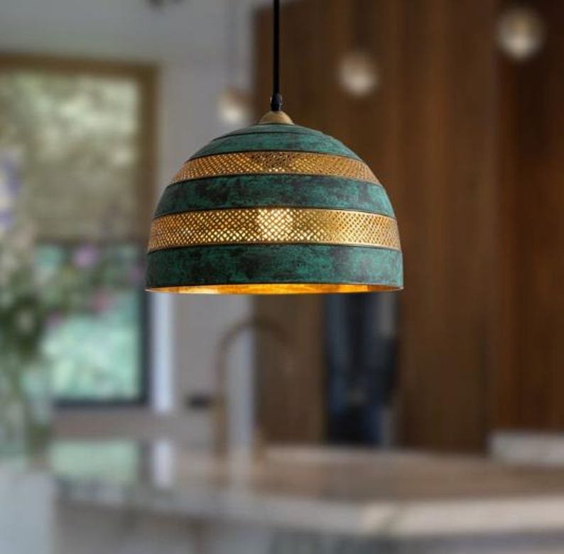 Handmade Green Patina Brass Dome Pendant Light, Rustic Kitchen Lighting
