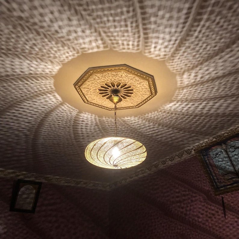 Handmade Moroccan Brass Pendant Light Fixture Rustic Farmhouse Hanging Ceiling Lamp Boho Chandelier for Kitchen, Dining Room & Entryway