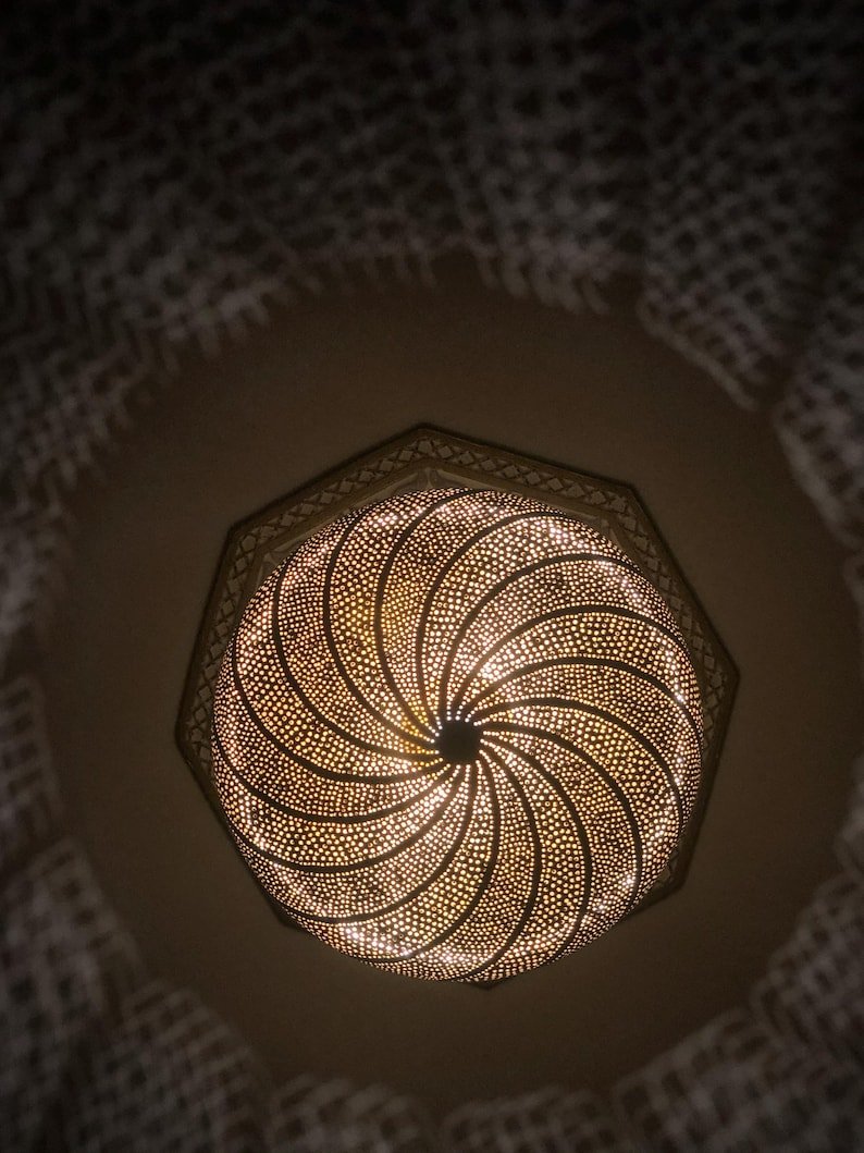 Handmade Moroccan Brass Pendant Light Fixture Rustic Farmhouse Hanging Ceiling Lamp Boho Chandelier for Kitchen, Dining Room & Entryway