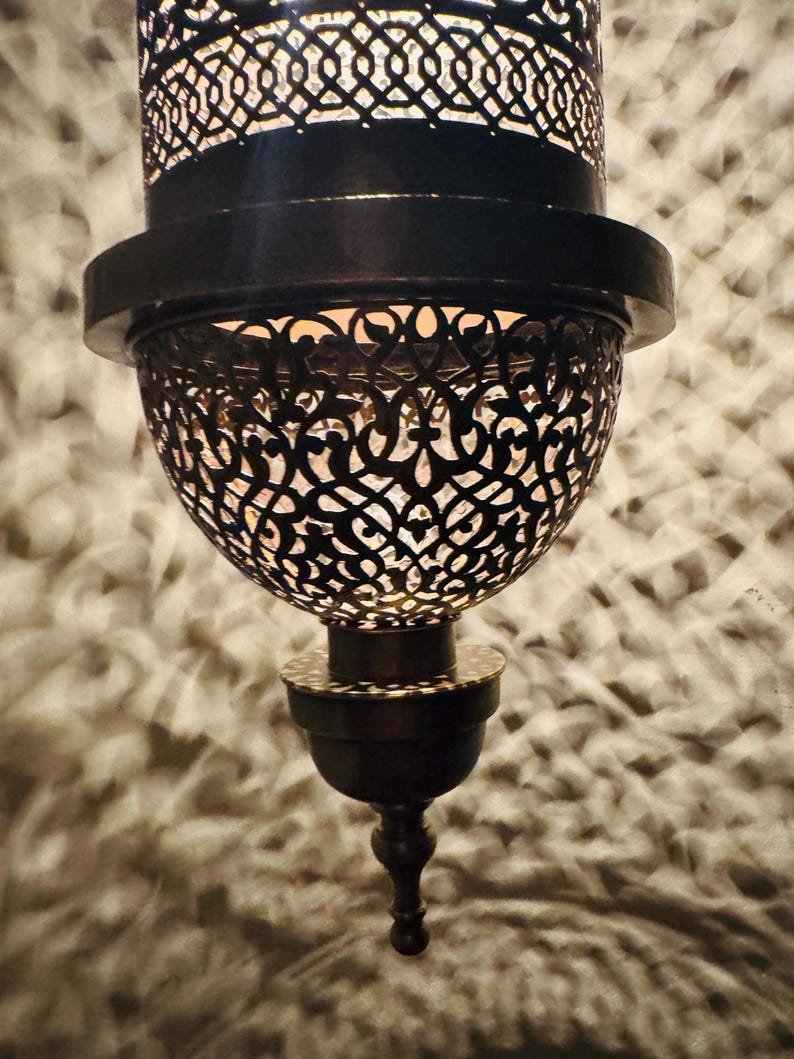 Moroccan Brass Pendant Light, Tall Hanging Lantern Fixture with Intricate Filigree Design