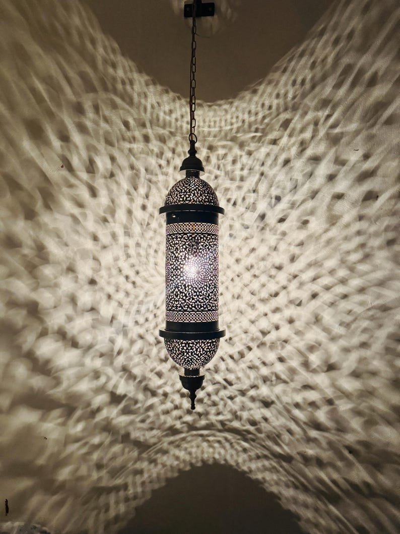 Moroccan Brass Pendant Light, Tall Hanging Lantern Fixture with Intricate Filigree Design
