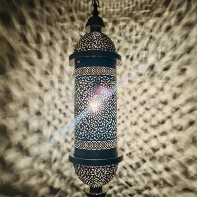 Moroccan Brass Pendant Light, Tall Hanging Lantern Fixture with Intricate Filigree Design
