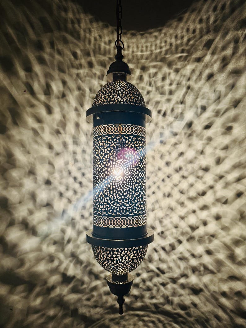 Moroccan Brass Pendant Light, Tall Hanging Lantern Fixture with Intricate Filigree Design
