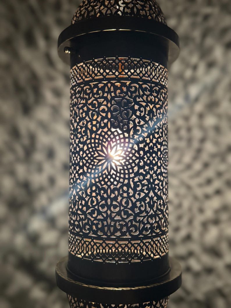 Moroccan Brass Pendant Light, Tall Hanging Lantern Fixture with Intricate Filigree Design