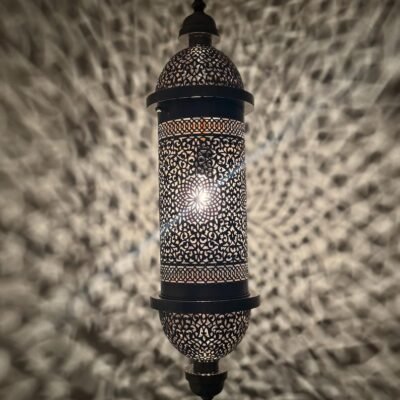 Moroccan Brass Pendant Light, Tall Hanging Lantern Fixture with Intricate Filigree Design