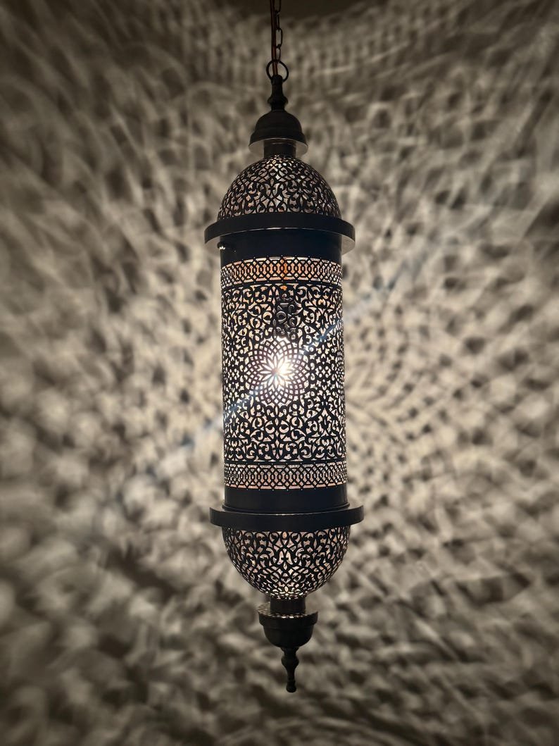 Moroccan Brass Pendant Light, Tall Hanging Lantern Fixture with Intricate Filigree Design