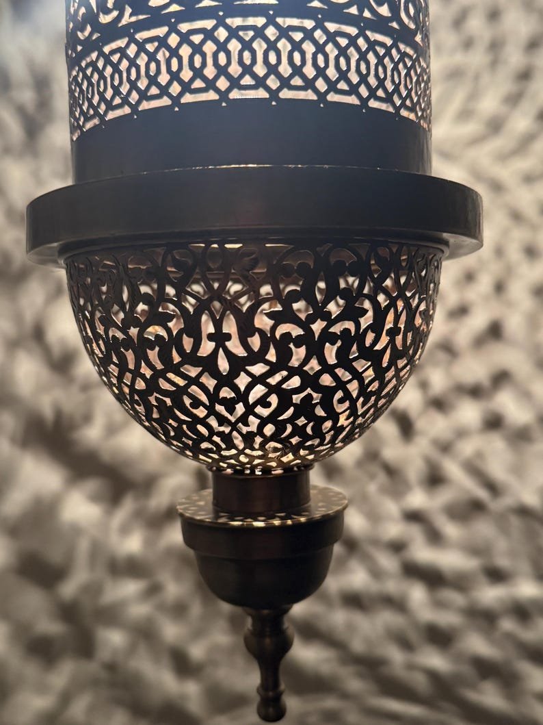 Moroccan Brass Pendant Light, Tall Hanging Lantern Fixture with Intricate Filigree Design