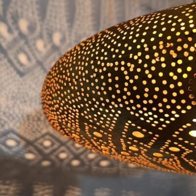 Moroccan Brass Pendant Light: Hammered Lantern with Intricate Shadow Pattern