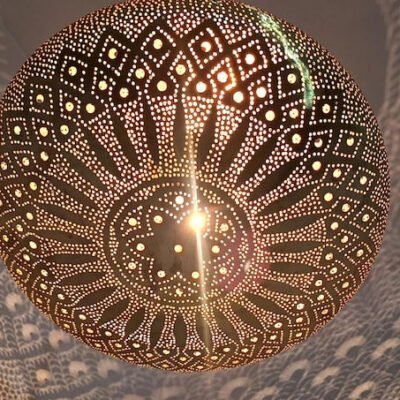 Moroccan Brass Pendant Light: Hammered Lantern with Intricate Shadow Pattern