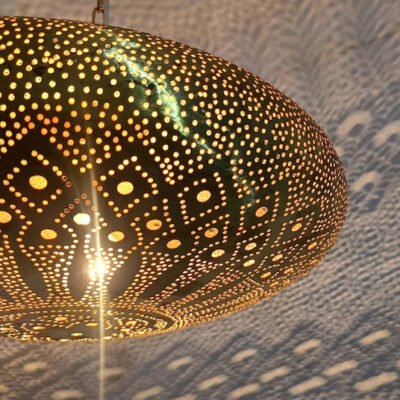 Moroccan Brass Pendant Light: Hammered Lantern with Intricate Shadow Pattern