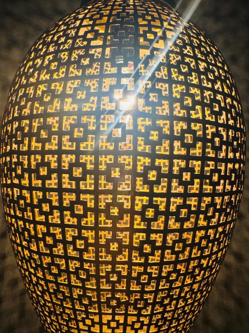 Contemporary Moroccan Sphere Light – Laser-Cut Brass Pendant with Lattice Shadow Patterns